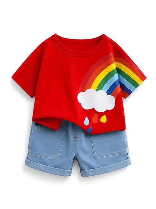 Googo Gaaga T-shirt and Short Set for Baby Boys & Baby Girls, Pure Cotton Red Rainbow Printed Half Sleeves Clothing Set for Kids